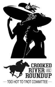 Too Hot to Trot - Ladies Night at Crooked River Roundup - Logo with ladies in shadow in Kentucky Derby type clothing and hats