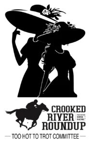 Too Hot to Trot - Ladies Night at Crooked River Roundup - Logo with ladies in shadow in Kentucky Derby type clothing and hats